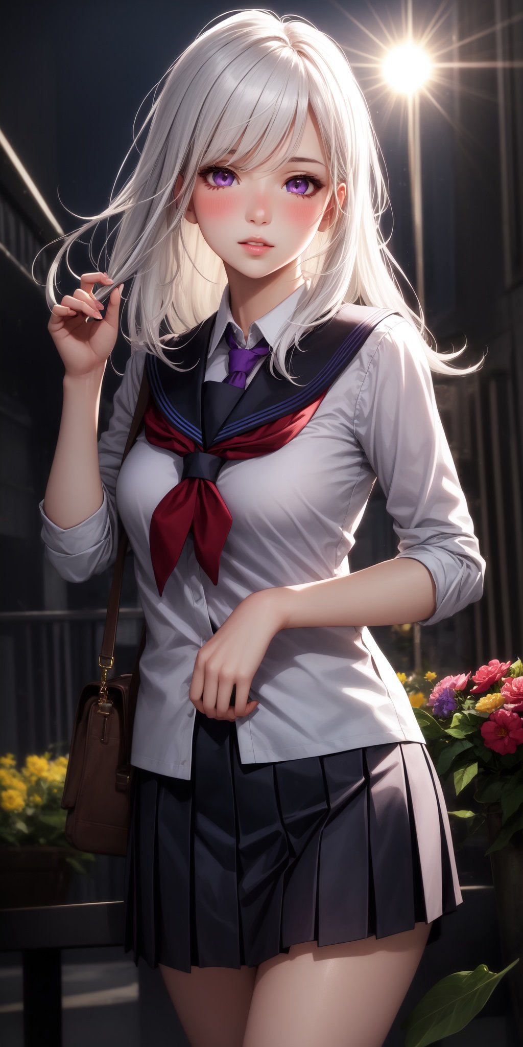 realistic, 1girl, white hair, purple eyes, glowing eyes, school uniform, parted lips, blush, night, flowers, sun, sunlight,