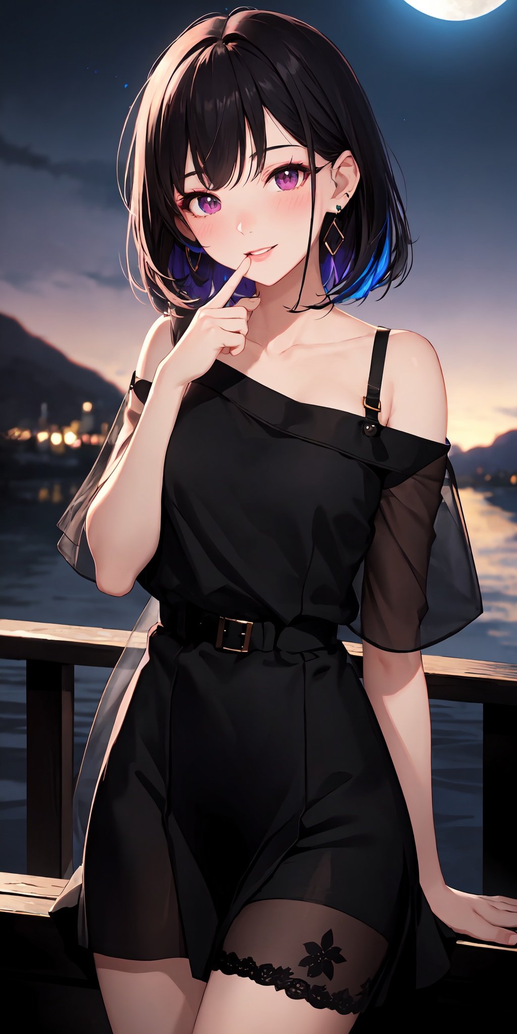 colorful, 1girl, medium breasts, parted lips, blush, makeup, finger in own mouth, light smile, black hair, purple eye, dress, moonlight, scenery, collarbone, narrow waist, earring, chromatic aberration,