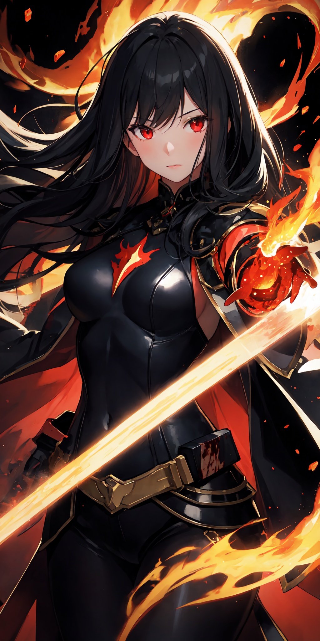 1girl, black hair, red eyes, fire witch, blood, light particles, light rays, wallpaper, high contrast, colorful,