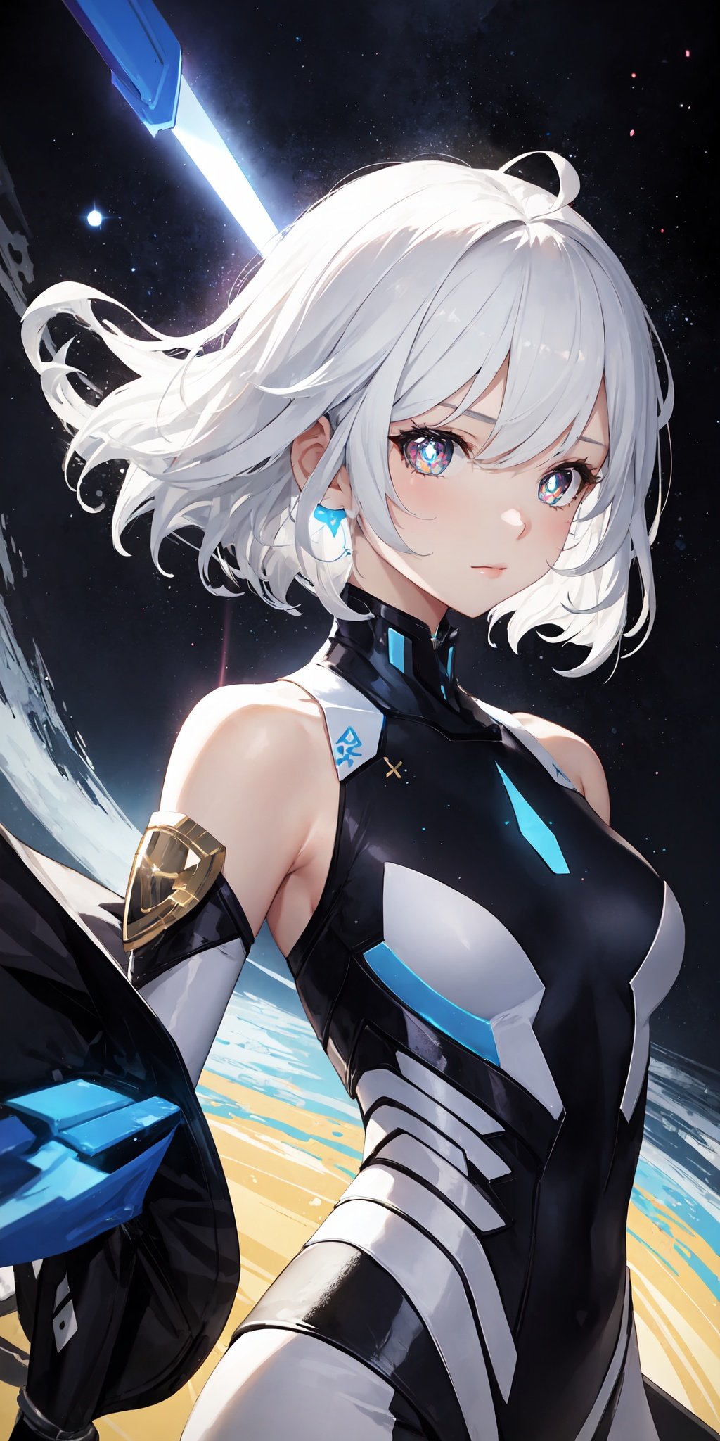 1girl, white hair, symbol-shaped pupils, space goddess, galaxy, light particles, light rays, wallpaper, high contrast, colorful,