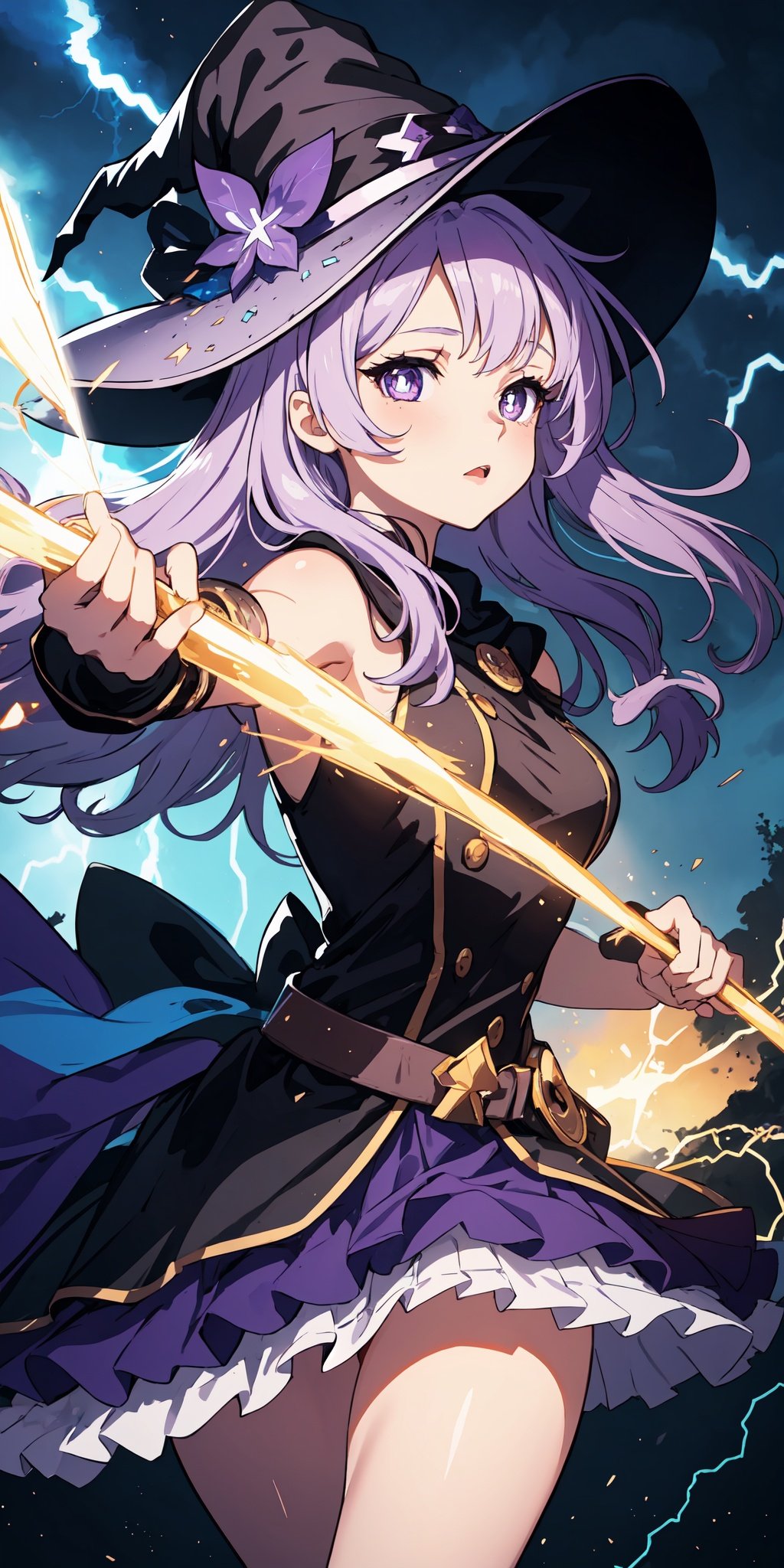 1girl, purple hair, symbol-shaped pupils, lightning witch, lightning, light particles, light rays, wallpaper, colorful,