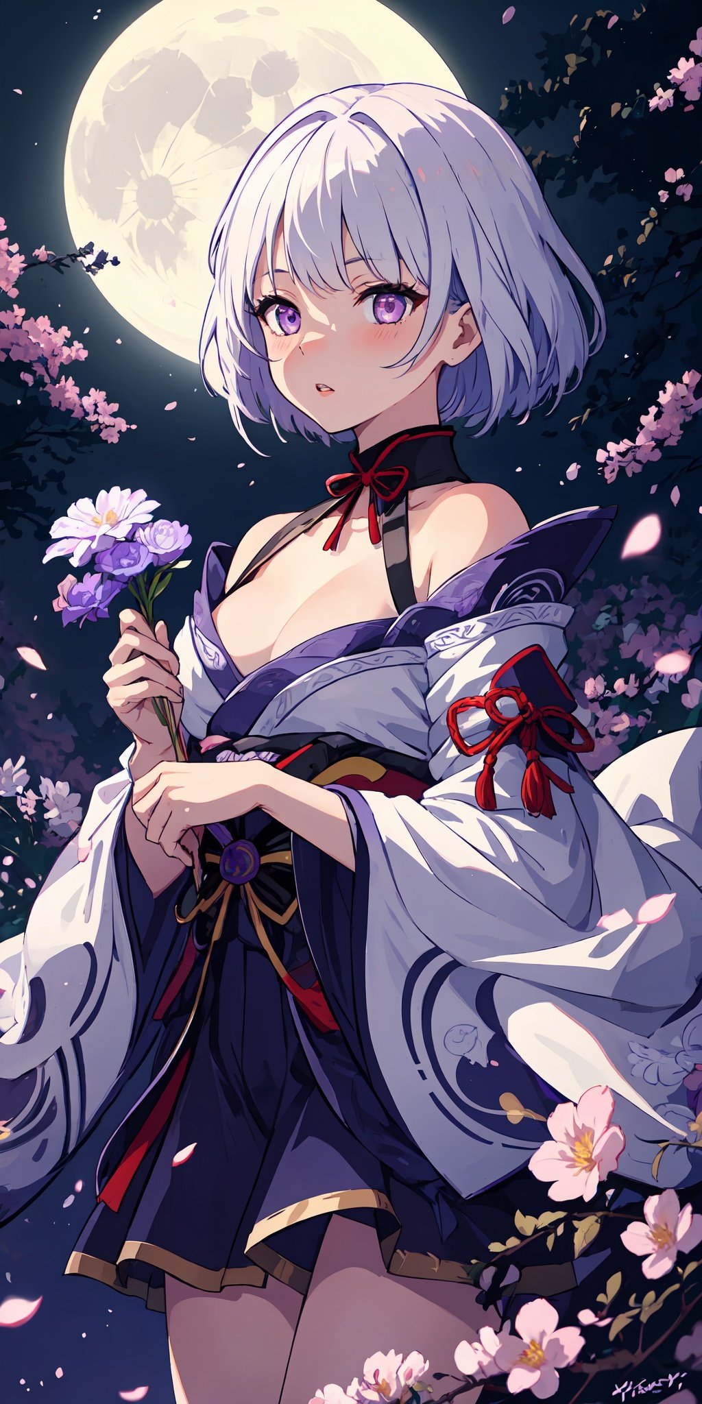 1girl, white hair, purple eyes, glowing eyes, japanese armor, parted lips, blush, night, flowers, moonlight, raiden shogun,