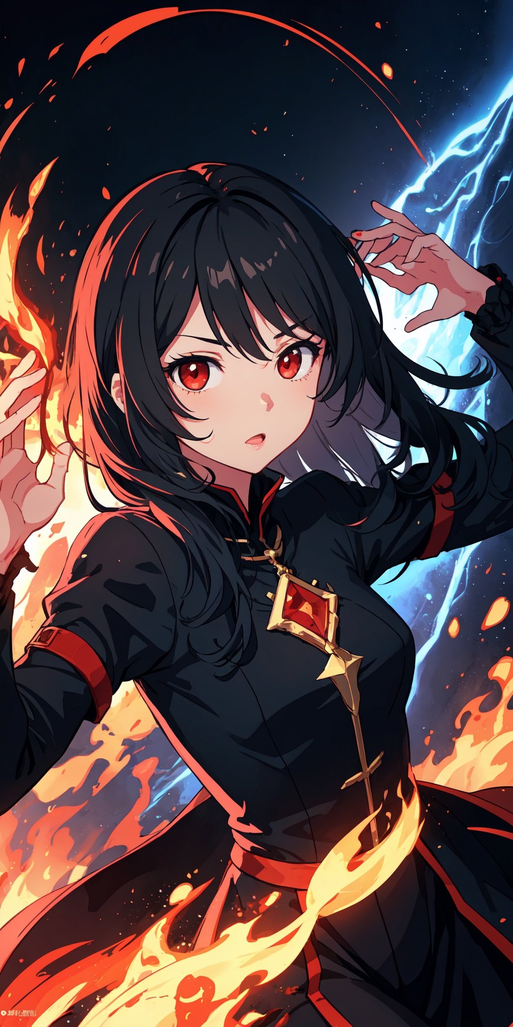 1girl, black hair, red eyes, fire witch, blood, light particles, light rays, wallpaper, colorful,