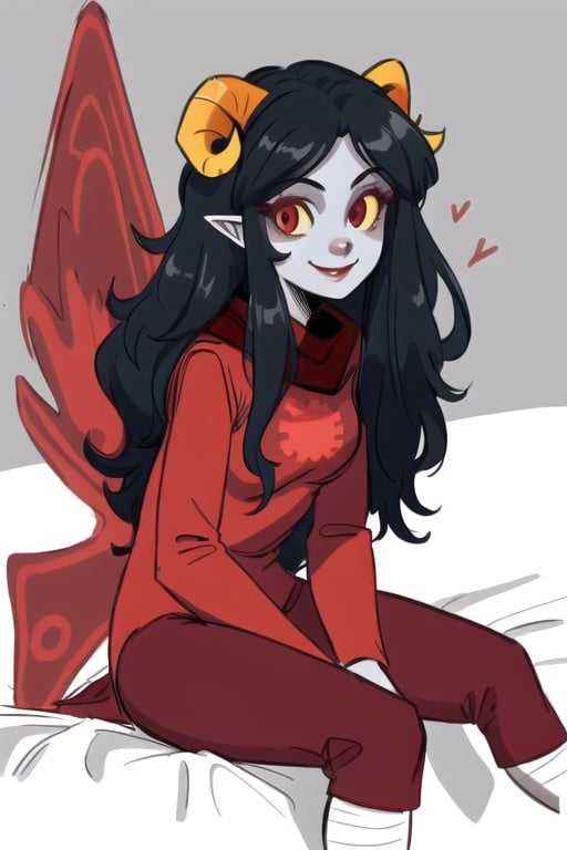 best quality, masterpiece, hires, 1girl, aradia, smiling, red eyes, detailed face, detailed eyes, aradiagodtieroutfit, wings, looking at viewer, sitting, bed