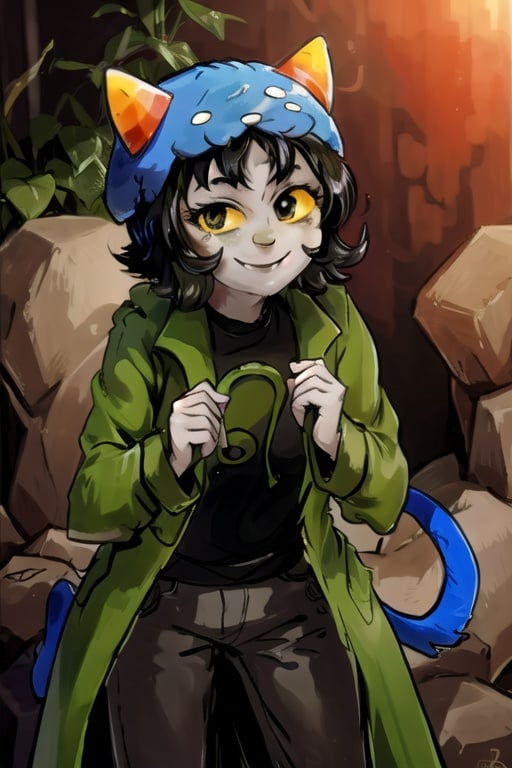 best quality, masterpiece, hires, nepeta, tail, nepetacathat, stand, smile, face, look at viewer, red cave