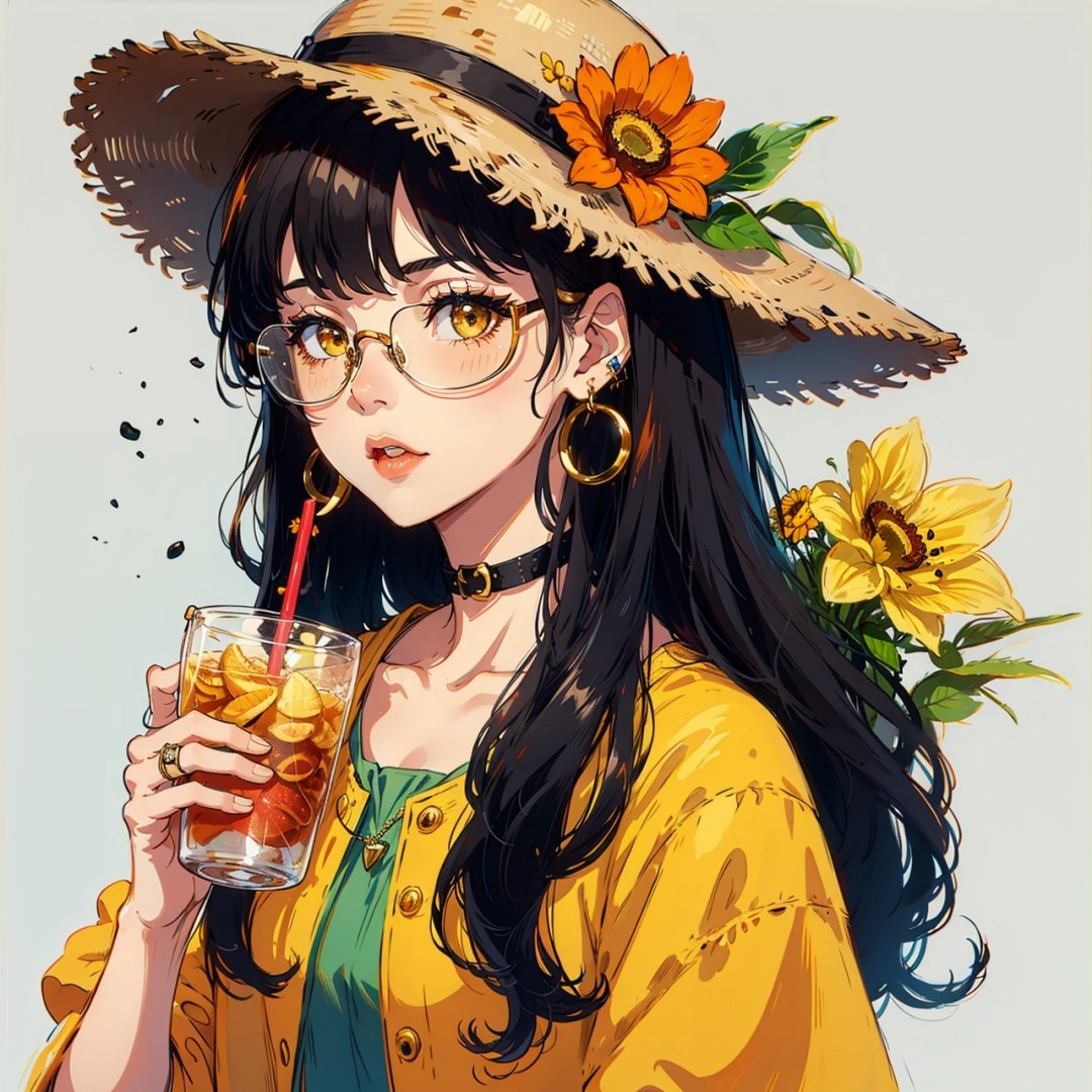 1girl, solo, starfish, seashell, shell, flower, hat, hair ornament, jewelry, straw hat, looking at viewer, sunglasses, hat flower, drinking straw, hairclip, earrings, red flower, tinted eyewear, yellow flower, bangs, english text, multicolored hair, orange flower, black hair, ring, cup, long hair, orange-tinted eyewear, food, brown hair, portrait, shell hair ornament ,