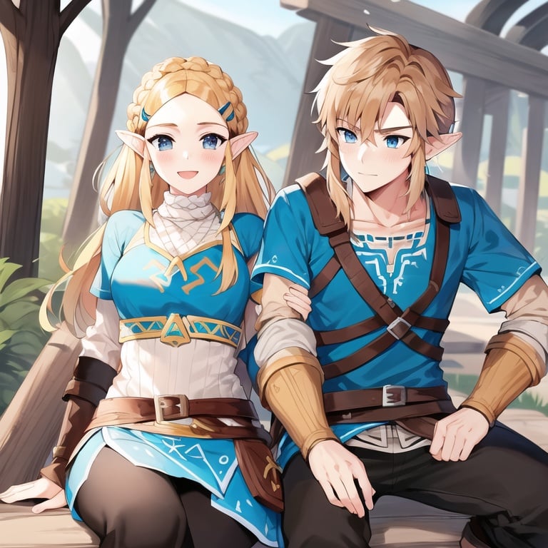 1boy and 1girl, l5ak with blue shirt and black pants, lovers, hxbq and l5ak, l5ak with long blonde hair and crown braid