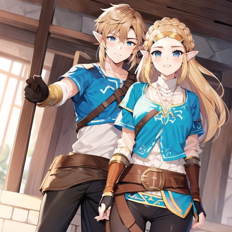 1boy and 1girl, l5ak with blue shirt and black pants, lovers, hxbq and l5ak, l5ak with long blonde hair and crown braid