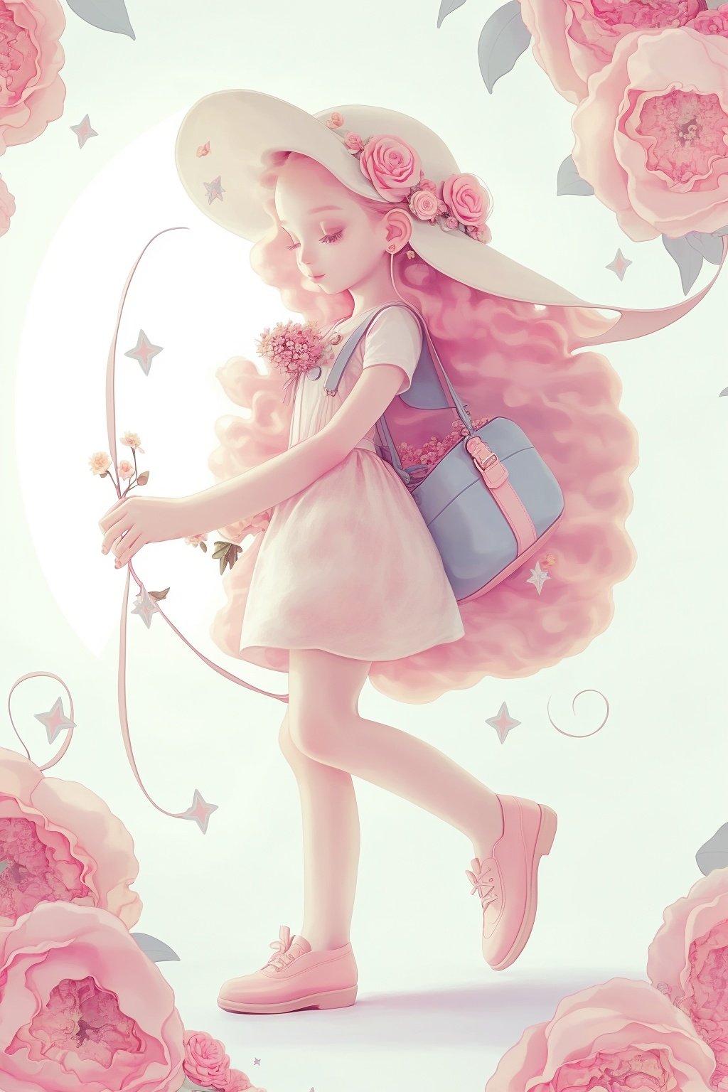 1girl, long hair,pink flower, moon,cute, shoes, stars,