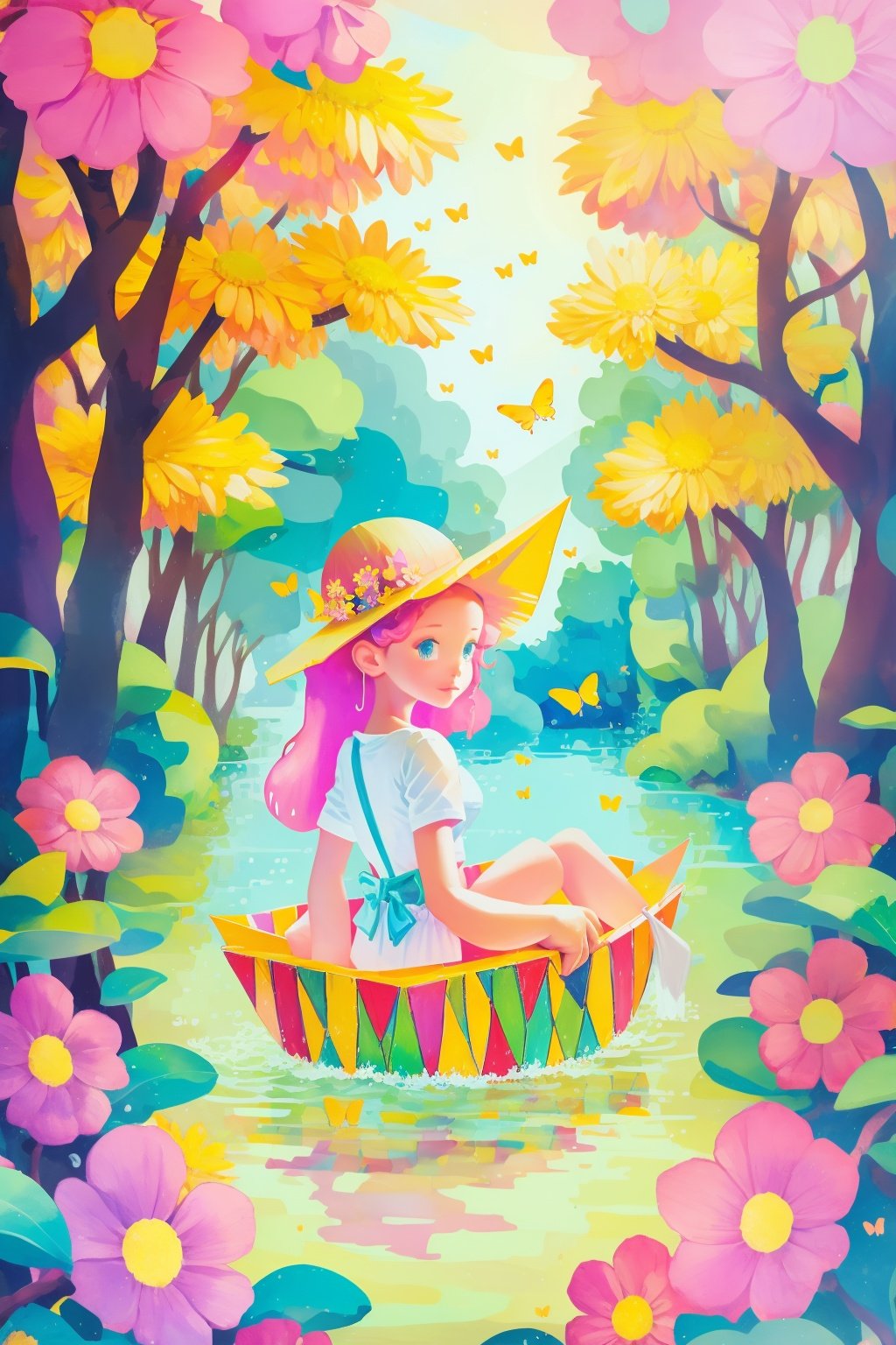 1girl, butterfly, ((on paper boat)), on the stream, in the forest,, masterpiece, best quality,