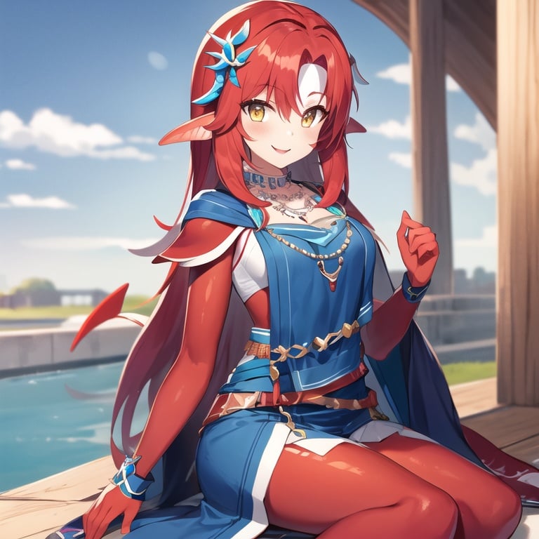 vc9s, 1girl, solo, (red skin:1.2), two hands, wear clothing, monster girl, colored skin, hair ornament, jewelry, yellow eyes, no eyebrows, fins, looking at viewer, necklace, smile