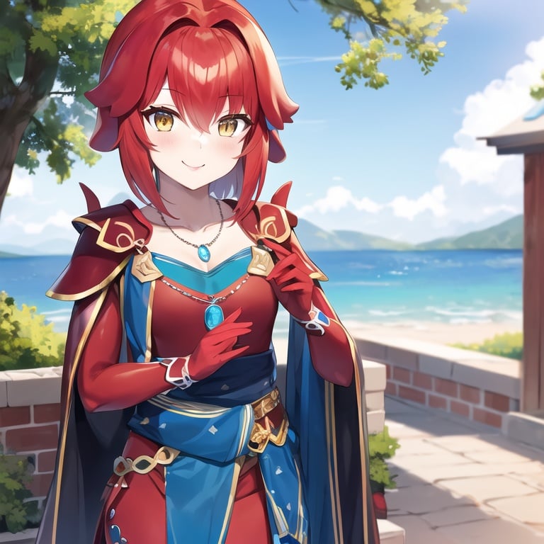 vc9s, 1girl, solo, (red skin:1.2), two hands, wear clothing, monster girl, colored skin, hair ornament, jewelry, yellow eyes, no eyebrows, fins, looking at viewer, necklace, smile