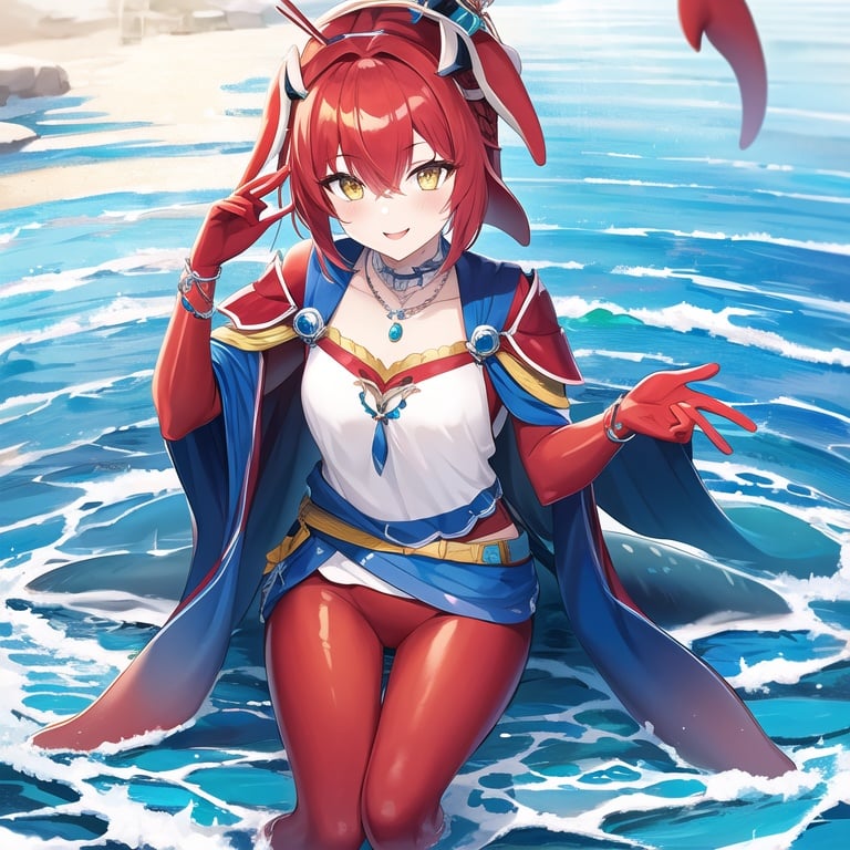 vc9s, 1girl, solo, (red skin:1.2), (a little dolphin on her head), (no bangs), two hands, wear clothing, monster girl, colored skin, hair ornament, jewelry, yellow eyes, no eyebrows, fins, looking at viewer, necklace, smile