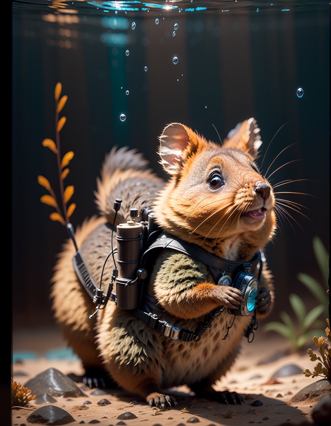 quokka,underwater,(2D),Bubble,(HD screen:1.1),(some fish:1.1),(no humans),close up,swim,Oxygen tank,diving suit,, masterpiece, best quality,