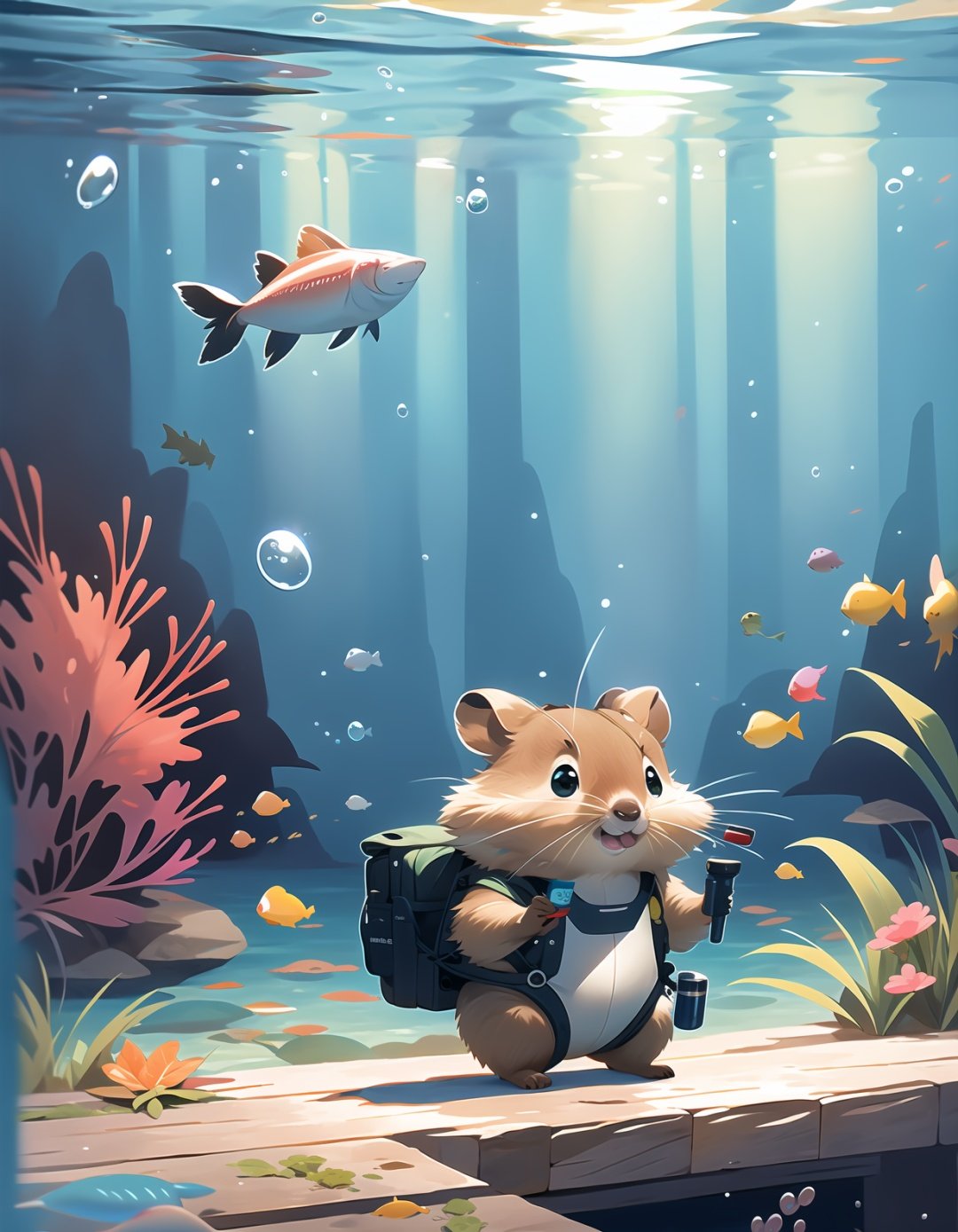 quokka,underwater,(2D),Bubble,(HD screen:1.1),(some fish:1.1),(no humans),close up,swim,Oxygen tank,diving suit,, masterpiece, best quality,