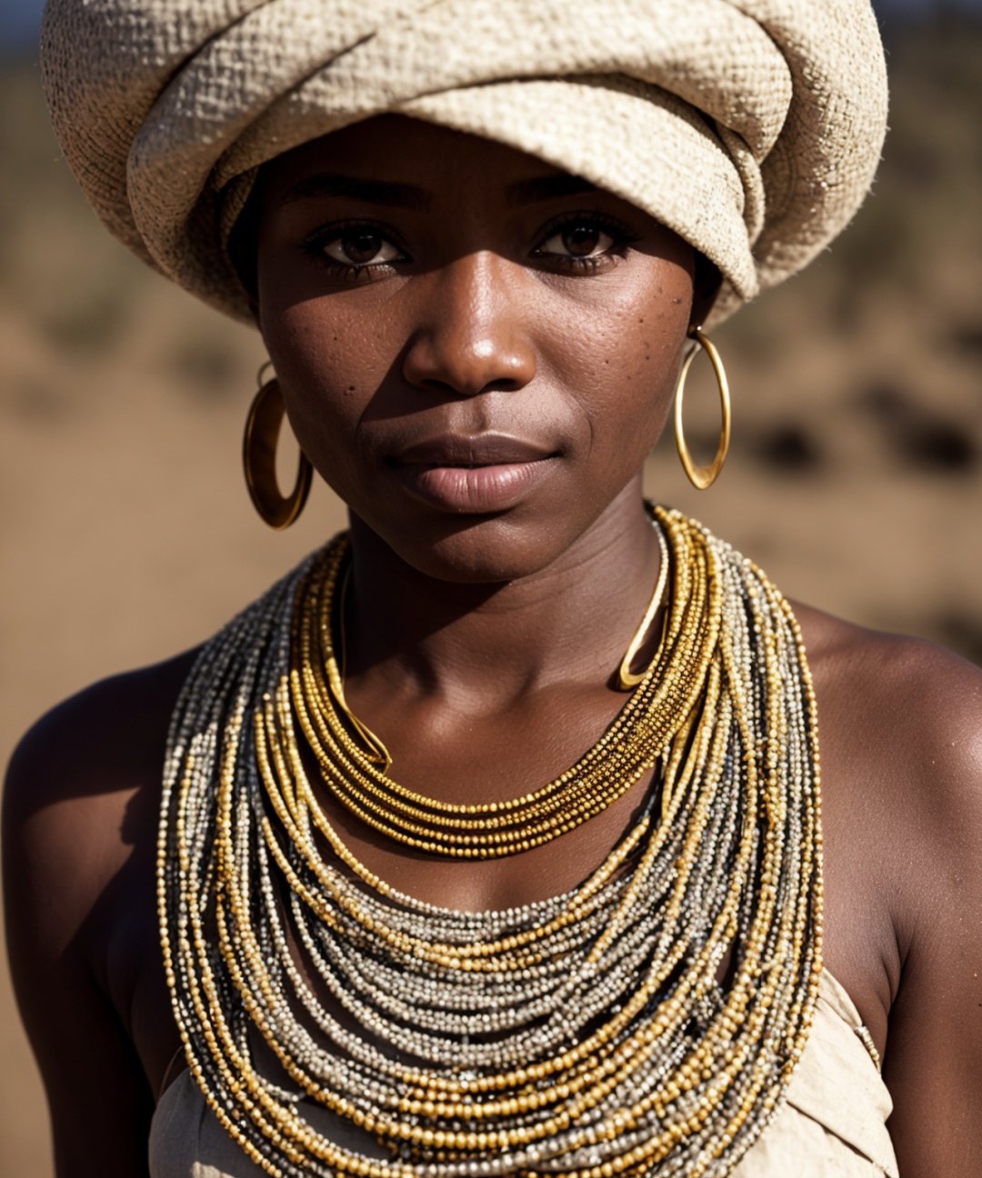 a congolese woman, necklace, crowded papers room, closeup, neutral colors, barren land