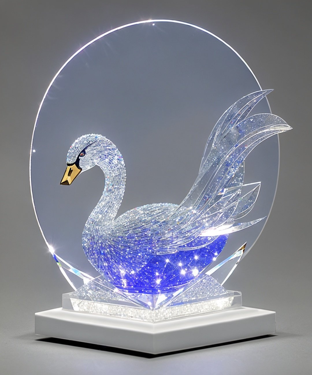 crystal sculpture, glass, swan, light diffraction, caustics, Swarovski diamond