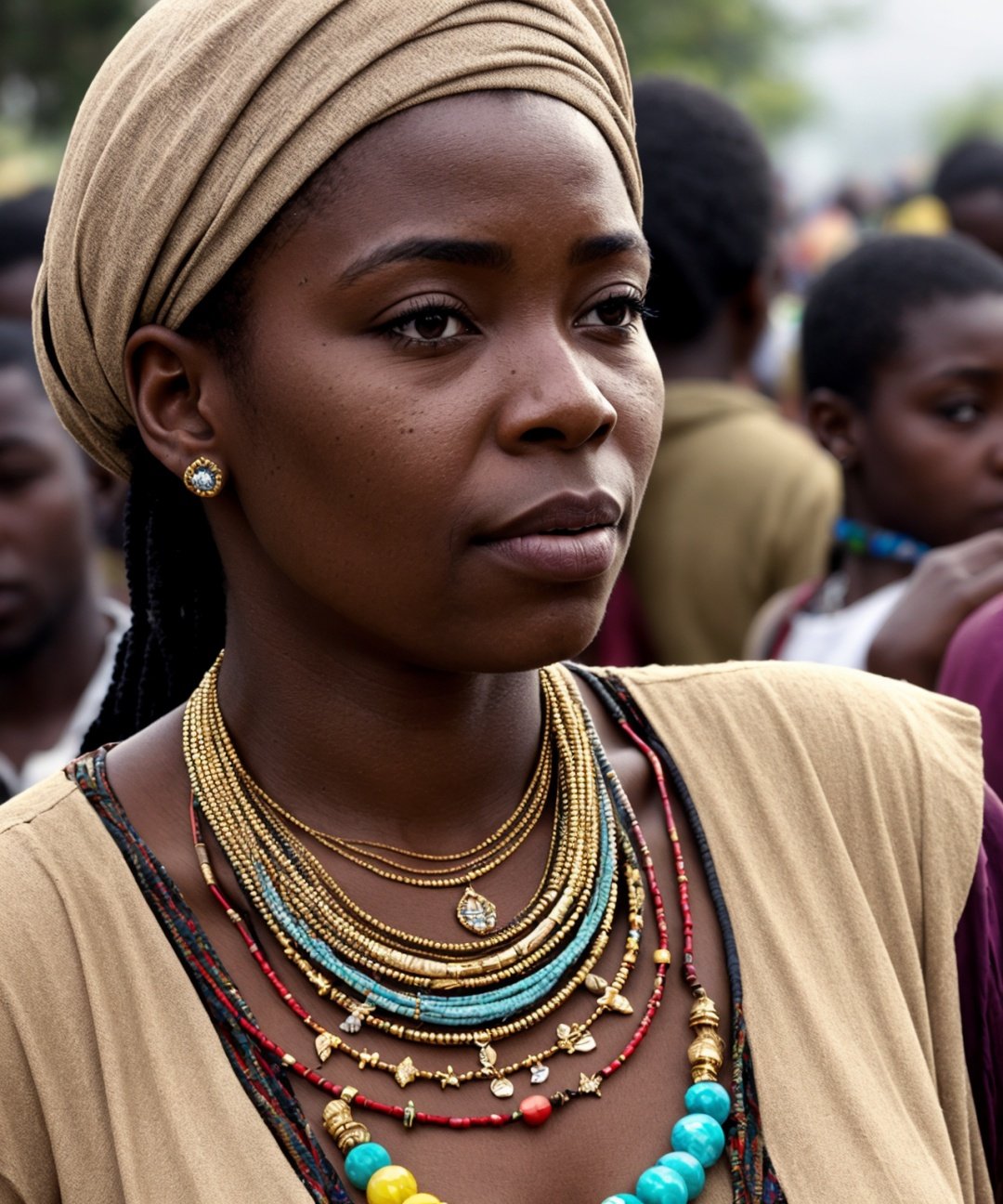 a congolese woman, necklace, crowded papers room, closeup, epic realistic, faded, neutral colors