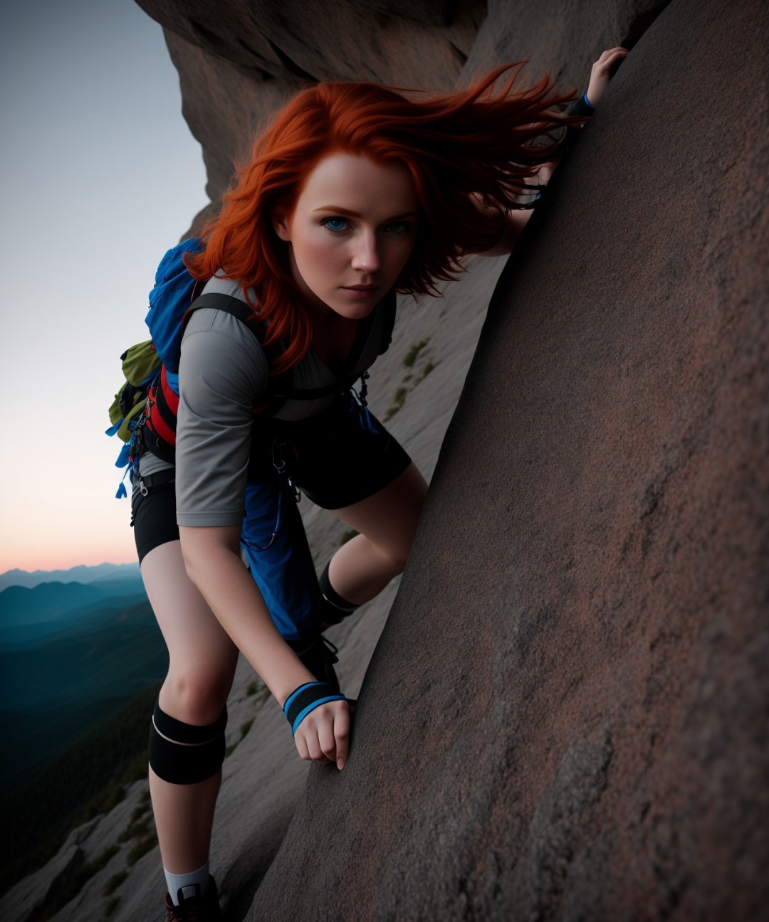 hdr, a redhead woman climbing on mountains, closeup, intricate details, hyperdetailed, cinematic, dark shot, muted colors, film grainy, soothing tones, muted colors, technicolor, (muddy:0.6)