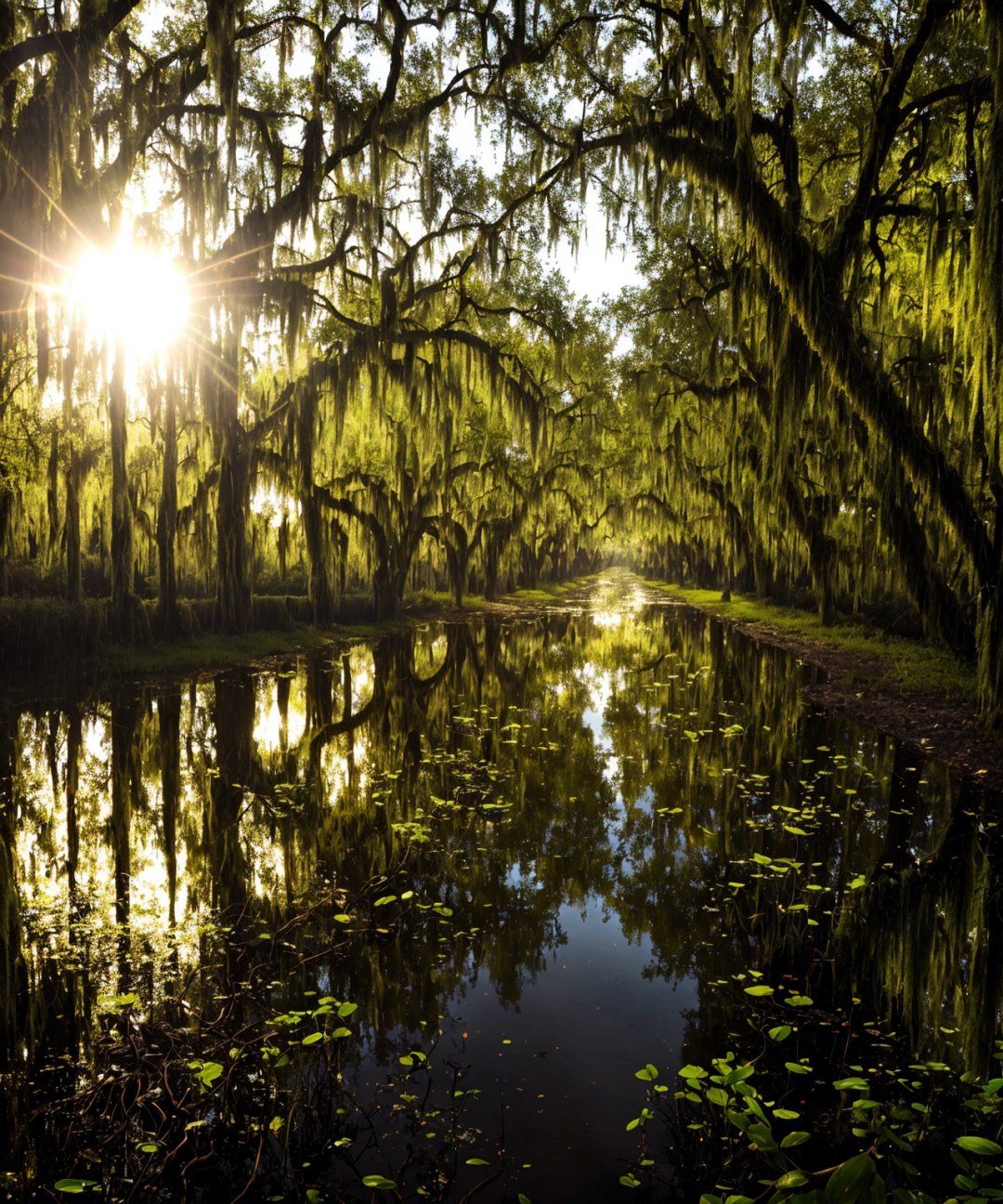 swamp, thick louisiana moss trees, willow, backlight, solarpunk, road, symmetrical
