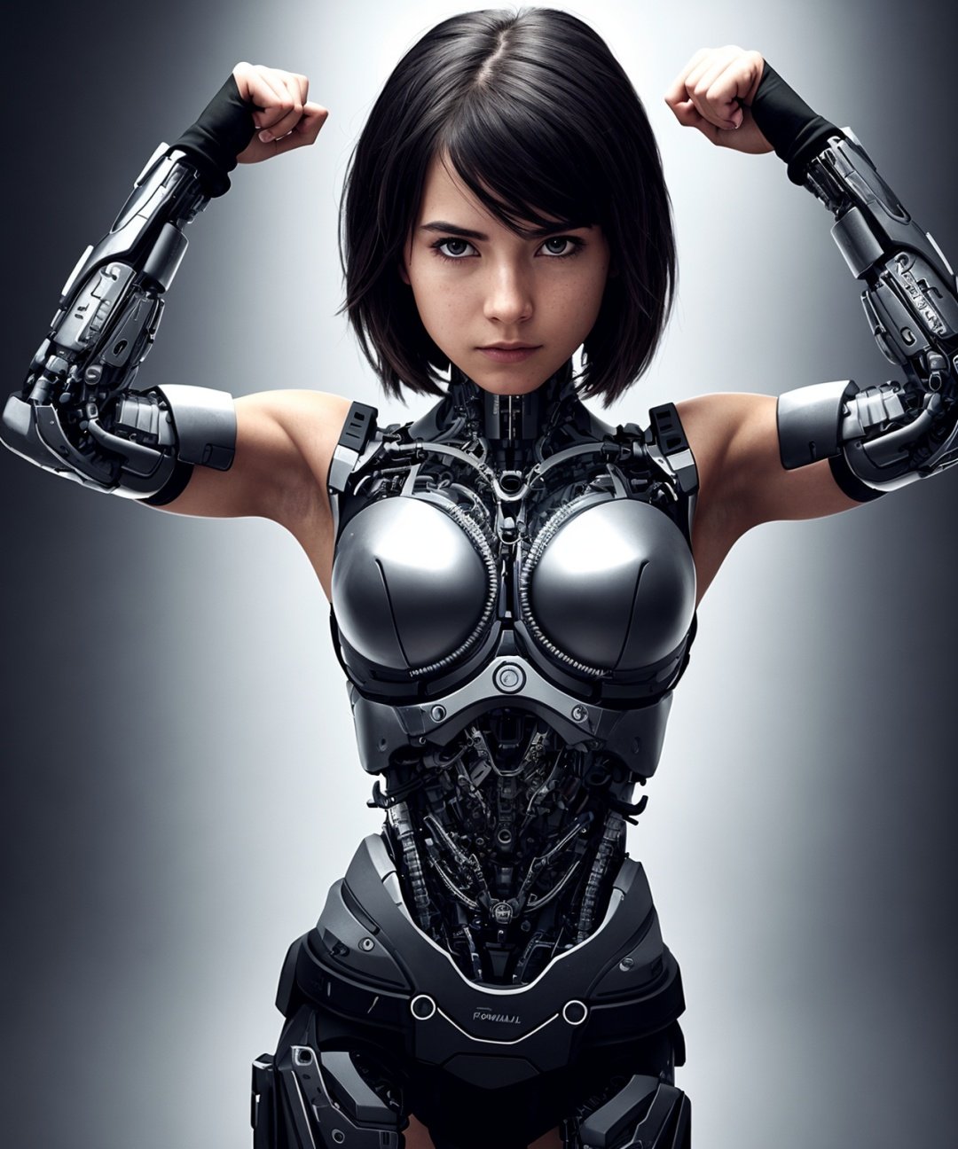 a girl, semi-cyborg, biomechanical arms, medium shot, cinematic