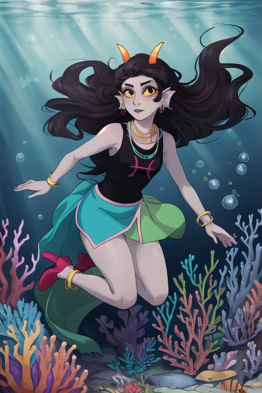 best quality, masterpiece, hires, feferi, jewelry, bracelet, earrings, fullbody, underwater, closed mouth, ((black lips)), look at viewer