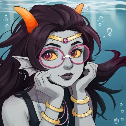 best quality, masterpiece, hires, feferi, jewelry, goggles, glasses, bracelet,earrings, underwater, face, look at viewer