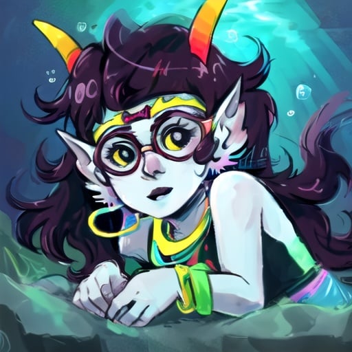 best quality, masterpiece, hires, feferi, jewelry, goggles, glasses, bracelet,earrings, underwater, face, look at viewer,