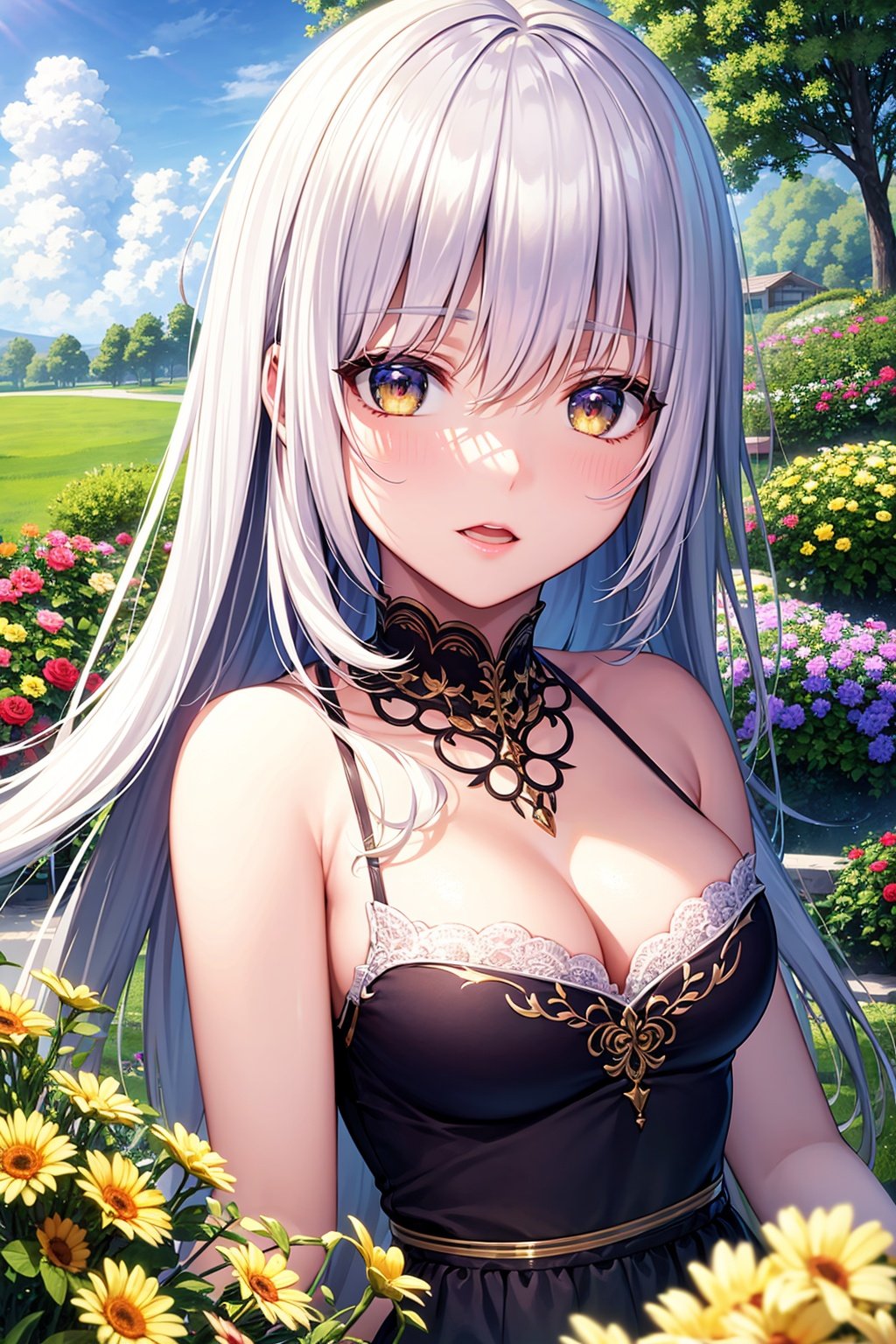 (masterpiece:1,2), best quality, masterpiece, highres, original, extremely detailed wallpaper, perfect lighting,(extremely detailed CG:1.2), drawing, paintbrush,1girl, white hair, golden eyes, beautiful eyes, detail, flower meadow, cumulonimbus clouds, lighting, detailed sky, garden