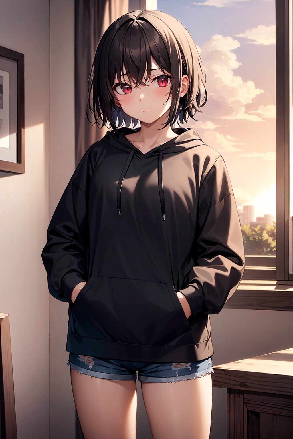 masterpiece, best quality, ultra-detailed, beautiful lighting, 1girl,  indoors, warm lighting,  sunset, short black hair, red eyes, blank expression, (black hoodie:1), short shorts, (both hands in hoodie pockets:1), looking at viewer