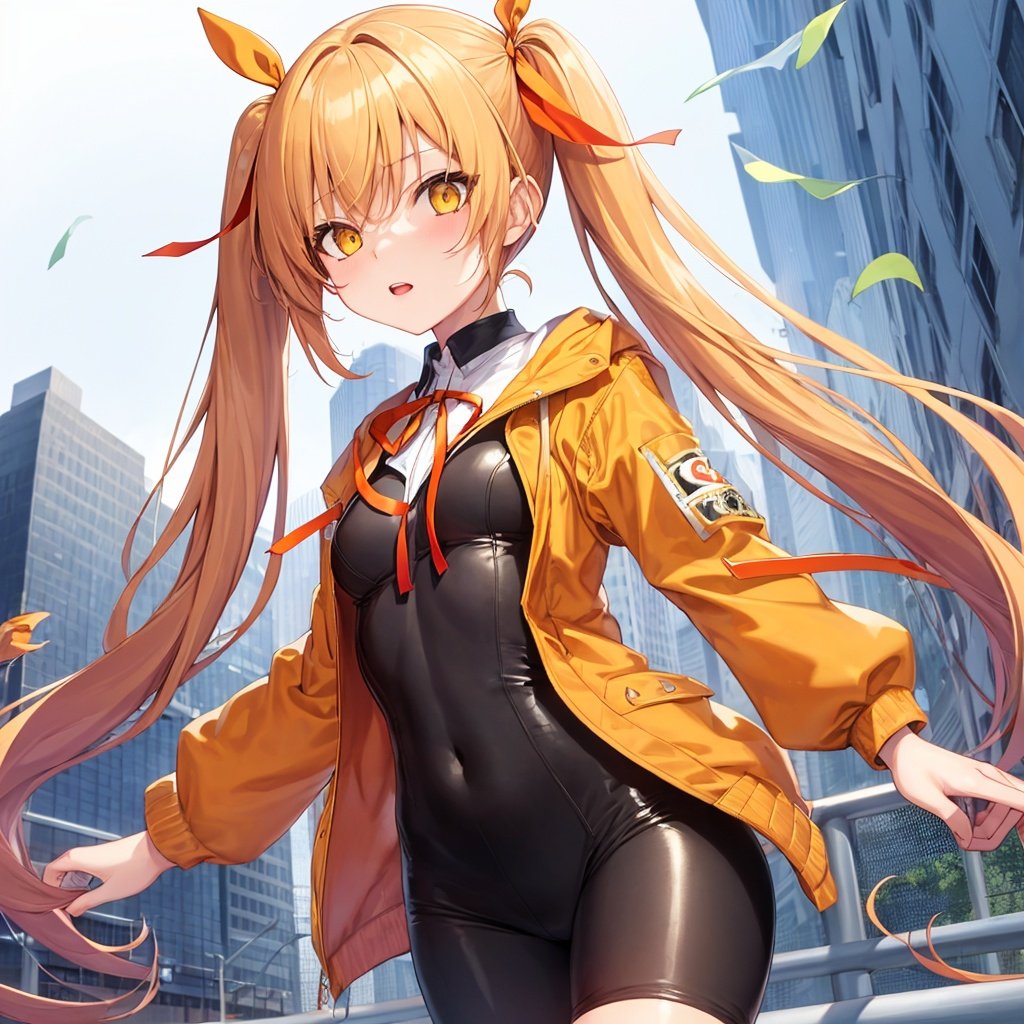 Energetic girl with twin tails, yellow long hair, yellow eyes, orange color ribbon hair ornament, detailed eyes, orange jacket, flower skates, orange color spats, neck ribbon, city, small breasts,