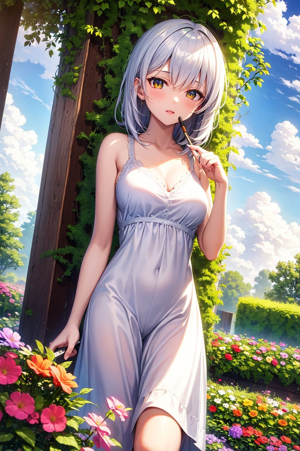 (masterpiece:1,2), best quality, masterpiece, highres, original, extremely detailed wallpaper, perfect lighting,(extremely detailed CG:1.2), drawing, paintbrush,1girl, white hair, golden eyes, beautiful eyes, detail, flower meadow, cumulonimbus clouds, lighting, detailed sky, garden