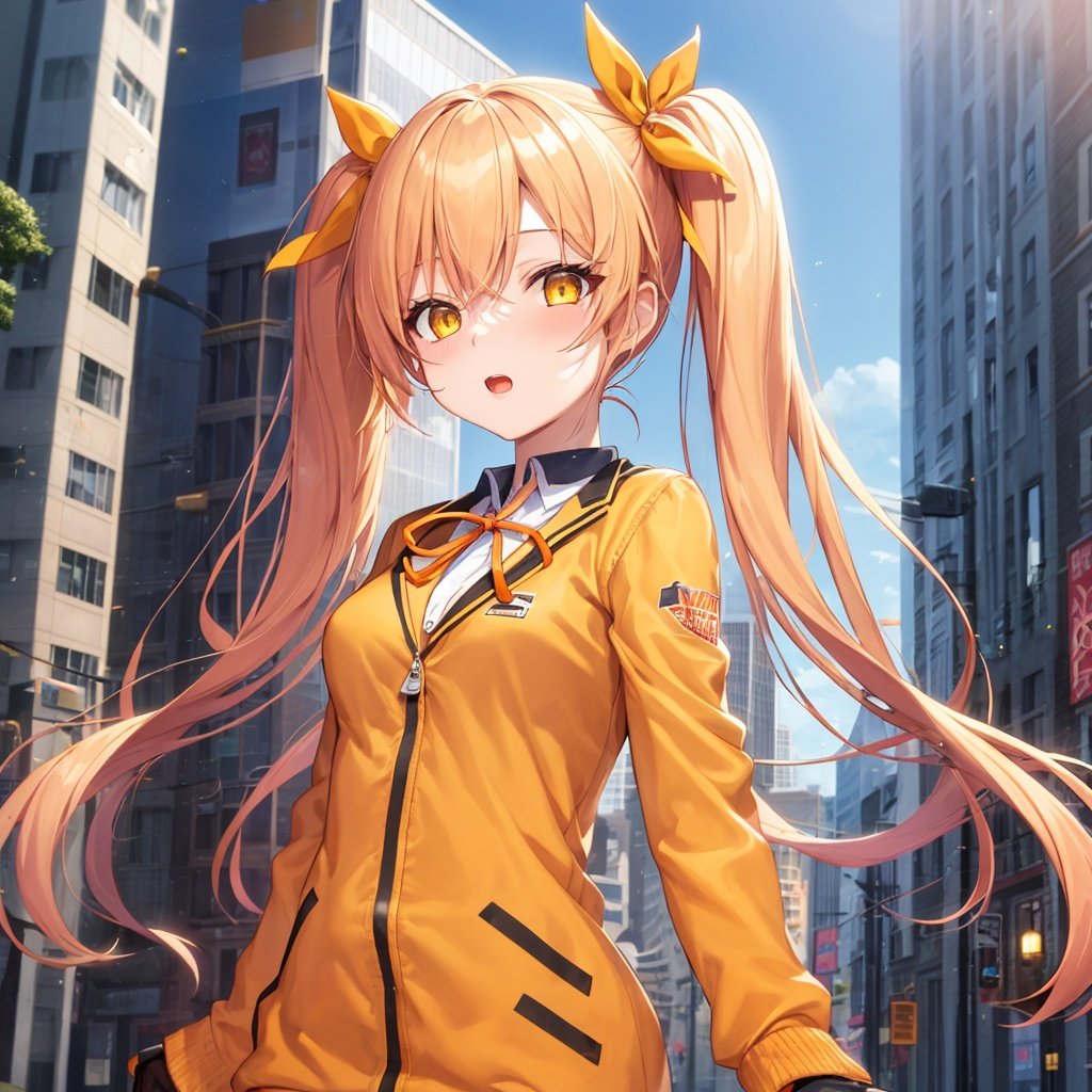 Energetic girl with twin tails, yellow long hair, yellow eyes, orange color ribbon hair ornament, detailed eyes, orange jacket, flower skates, orange color spats, neck ribbon, city, small breasts,
