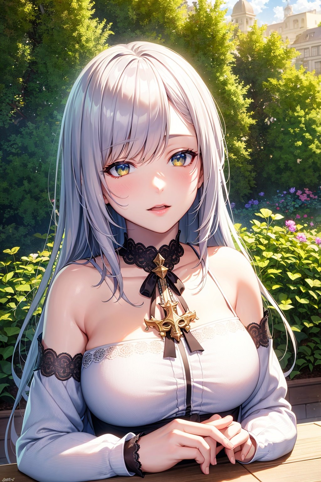 (masterpiece:1,2), best quality, masterpiece, highres, original, extremely detailed wallpaper, perfect lighting,(extremely detailed CG:1.2), drawing, paintbrush,1girl, white hair, golden eyes, beautiful eyes, detail, flower meadow, cumulonimbus clouds, lighting, detailed sky, garden