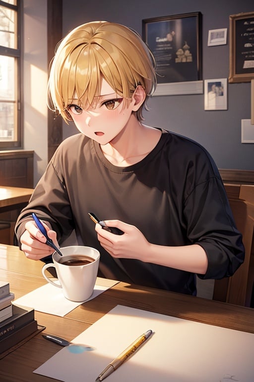 (masterpiece:1,2), best quality, masterpiece, highres, original, extremely detailed wallpaper, perfect lighting,(extremely detailed CG:1.2), drawing, paintbrush,1boy,yellow hair,coffee shop