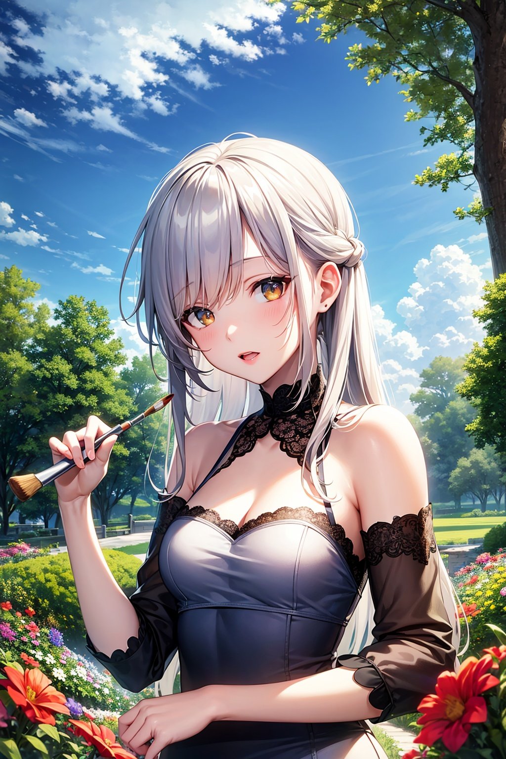 (masterpiece:1,2), best quality, masterpiece, highres, original, extremely detailed wallpaper, perfect lighting,(extremely detailed CG:1.2), drawing, paintbrush,1girl, white hair, golden eyes, beautiful eyes, detail, flower meadow, cumulonimbus clouds, lighting, detailed sky, garden