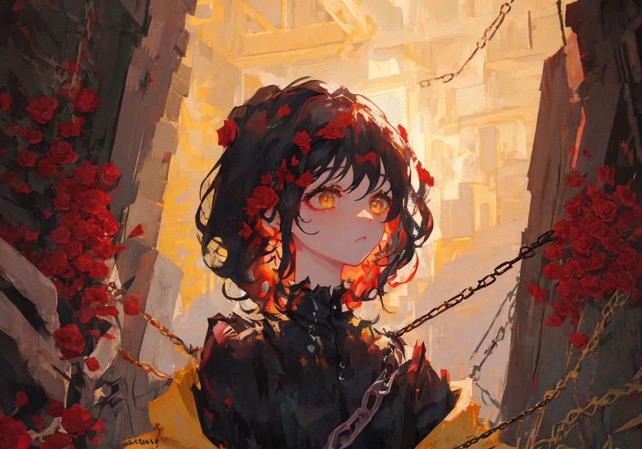 masterpiece, best quality, ultra-detailed, illustration, close-up, straight on, 1girl, black hair, yellow eyes, red roses, chains