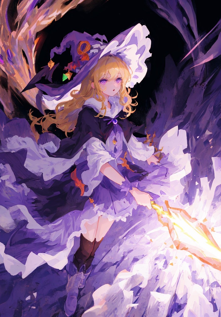 masterpiece, best quality, ultra-detailed, illustration, 1girl, witch hat, purple eyes, blonde hair, wielding a purple staff blasting purple energy, purple beam, purple effects, dragons, chaos