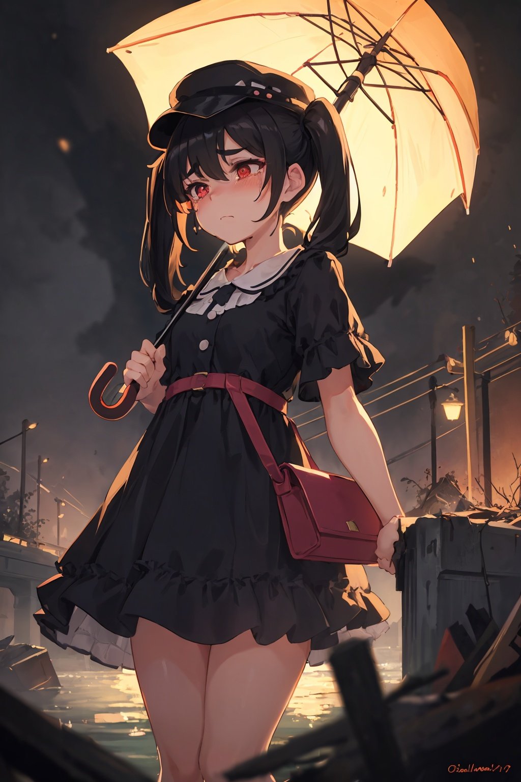 Original Character, Volumetric Lighting, Best Shadows, Shallow Depth of Field, Portrait Of Stunningly Beautiful Girl, Petite, Delicate Beautiful Attractive Face With Alluring Sharp Red Eyes, Sharp Eyebrows, Sadness Grieving, Weeping, Closed Mouth, Lovely Small Breasts, Layered Medium Twintail Black Hair, Blush Eyeshadow, Thick Eyelashes, Rollable Fedora Hat, Holding Black Umbrella, CrossBody Bag, Black Frill Hem Shirt Dress, Thigh Highs, Oil Street Lamp, Standing In The Pouring Rain, At Night, Under The Collapsed Bridge, Debris Float In The River, Crushed Cars, Looking At Other, (Highest Quality, Amazing Details:1.25), (Solo:1.3), Gloomy Paintings