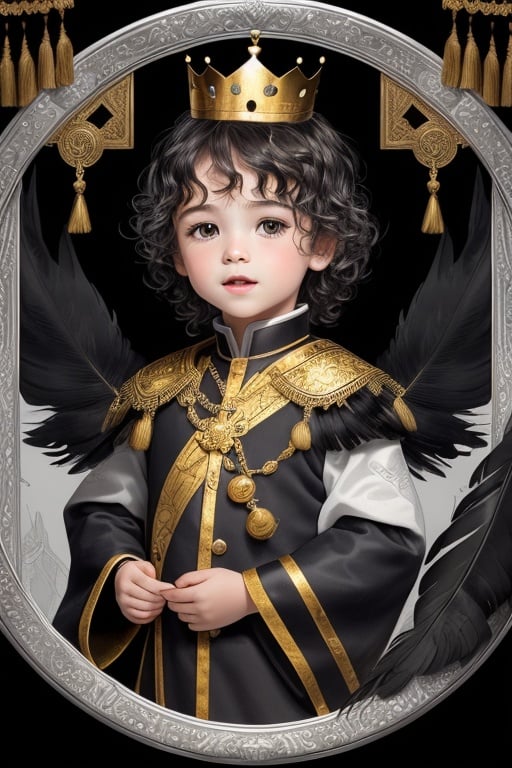 (((masterpiece)), best quality, illustration, (beautiful detail little boy), a boy, floating black feathers, wavy hair, black and white Sleeves, gold and silver tassels, silver triple crown inlaid with obsidian,