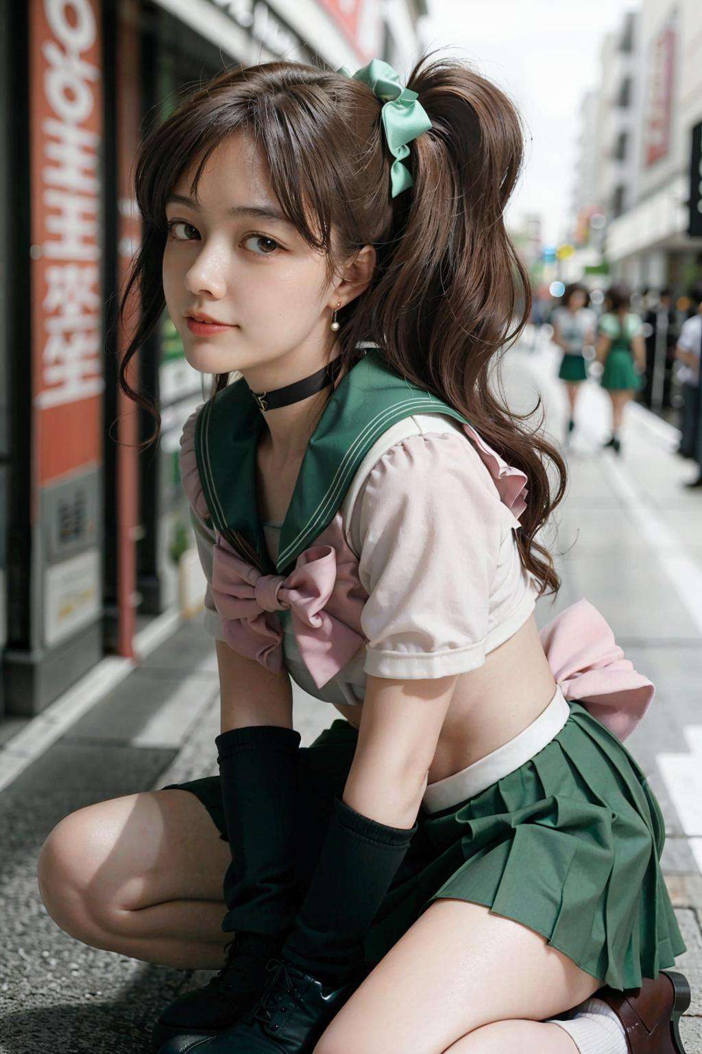 masterpiece, best quality,photorealistic,cosplay,slim body,slender thighs,1girl,day,backlight,softlight,milky skin,gloves,skirt, jewelry, sailor jupiter, green sailor collar, green skirt, earrings, brown hair, hair ornament, green footwear, sailor senshi uniform, choker, green choker, kino makoto, (looking at viewer:1.2), fingerless gloves, ponytail, blurry background, solo, boots, high heels, realistic,(pink bow:1.2), scrunchie, outdoors, bow, sailor collar, pleated skirt, white gloves, long hair, smile, hair scrunchie, lips, blurry, brown eyes, breasts, magical girl, high ponytail, socks, full body, high heel boots,sailorJupiter,aperture1.4,(cityscape,street,tokyo:1.3)    