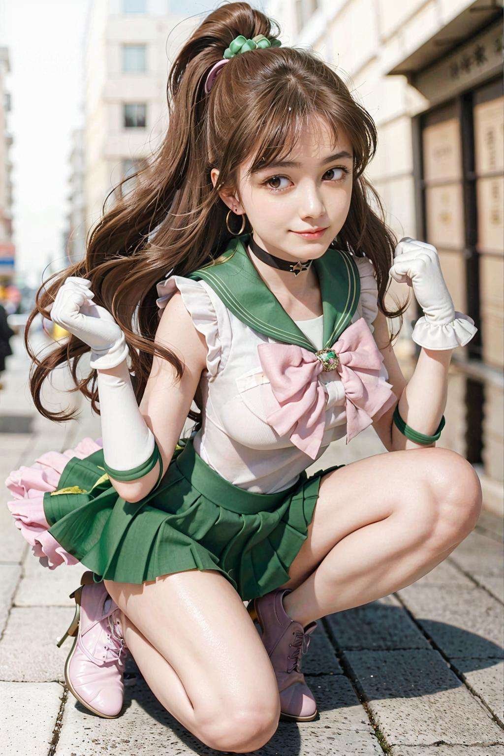 masterpiece, best quality,photorealistic,cosplay,slim body,slender thighs,1girl,day,backlight,softlight,milky skin,gloves,skirt, jewelry, sailor jupiter, green sailor collar, green skirt, earrings, brown hair, hair ornament, green footwear, sailor senshi uniform, choker, green choker, kino makoto, (looking at viewer:1.2), fingerless gloves, ponytail, blurry background, solo, boots, high heels, realistic,(pink bow:1.2), scrunchie, outdoors, bow, sailor collar, pleated skirt, white gloves, long hair, smile, hair scrunchie, lips, blurry, brown eyes, breasts, magical girl, high ponytail, socks, full body, high heel boots,sailorJupiter,aperture1.4,(cityscape,street,tokyo:1.3)    