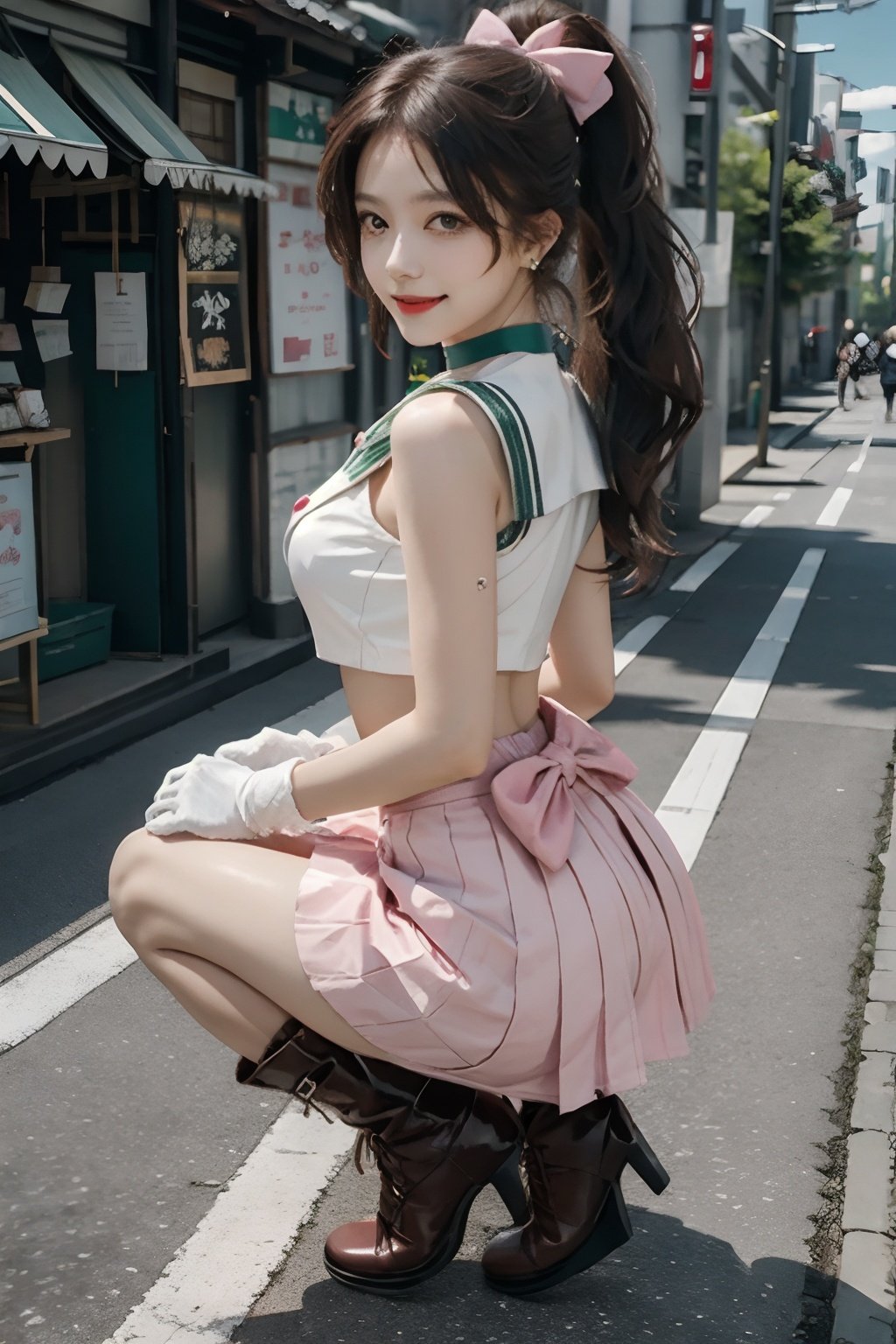 masterpiece, best quality,photorealistic,cosplay,slim body,slender thighs,1girl,day,backlight,softlight,milky skin,gloves,skirt, jewelry, sailor jupiter, green sailor collar, green skirt, earrings, brown hair, hair ornament, green footwear, sailor senshi uniform, choker, green choker, kino makoto, (looking at viewer:1.2), fingerless gloves, ponytail, blurry background, solo, boots, high heels, realistic,(pink bow:1.2), scrunchie, outdoors, bow, sailor collar, pleated skirt, white gloves, long hair, smile, hair scrunchie, lips, blurry, brown eyes, breasts, magical girl, high ponytail, socks, full body, high heel boots,sailorJupiter,aperture1.4,(cityscape,street,tokyo:1.3)