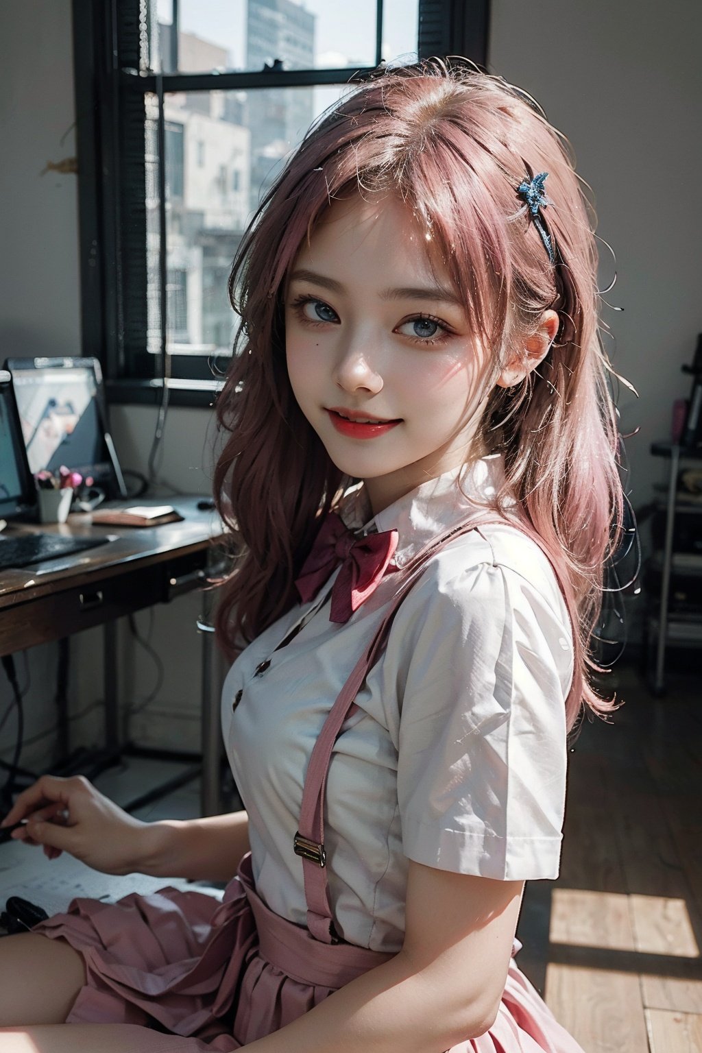 , 1girl, twintails, multicolored hair, hair over one eye, x hair ornament, hair ornament, blue eyes, blue hair, smile, bow, pink hair, blonde hair, solo, looking at viewer, yellow bow, indoors, heart, makeup, skirt, selfie, phone, dress, teeth, hairclip, monitor, reaching towards viewer, long hair, bangs, short sleeves, pink nails, bowtie, suspenders, yellow bowtie, hair tie, open mouth, computer, stuffed toy, sitting, shirt, livestream, belt, quad tails, pill, v,sparkle,violet lighting,,the most beautiful form of chaos, elegant, a brutalist designed, vivid colours, romanticism, atmospheric, (RAW photo, best quality), (realistic, photo-realistic:1.3), masterpiece, an extremely delicate and beautiful, extremely detailed,, (floating colorful {wind|water magic|ink|crystals|fire|ice|flame|lightning|web|rocks|sand|particles|sparkles|blood}:1),