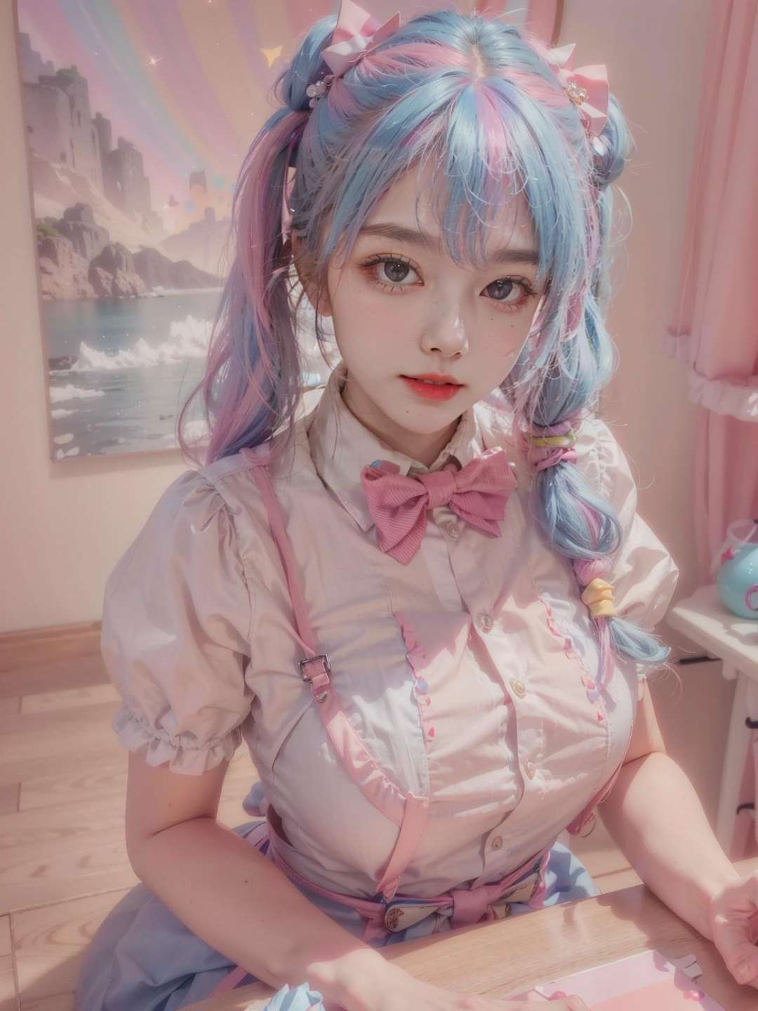 , 1girl, twintails, multicolored hair, hair over one eye, x hair ornament, hair ornament, blue eyes, blue hair, smile, bow, pink hair, blonde hair, solo, looking at viewer, yellow bow, indoors, heart, makeup, skirt, selfie, phone, dress, teeth, hairclip, monitor, reaching towards viewer, long hair, bangs, short sleeves, pink nails, bowtie, suspenders, yellow bowtie, hair tie, open mouth, computer, stuffed toy, sitting, shirt, livestream, belt, quad tails, pill, v,sparkle,violet lighting,,the most beautiful form of chaos, elegant, a brutalist designed, vivid colours, romanticism, atmospheric, (RAW photo, best quality), (realistic, photo-realistic:1.3), masterpiece, an extremely delicate and beautiful, extremely detailed,, (floating colorful {wind|water magic|ink|crystals|fire|ice|flame|lightning|web|rocks|sand|particles|sparkles|blood}:1), 