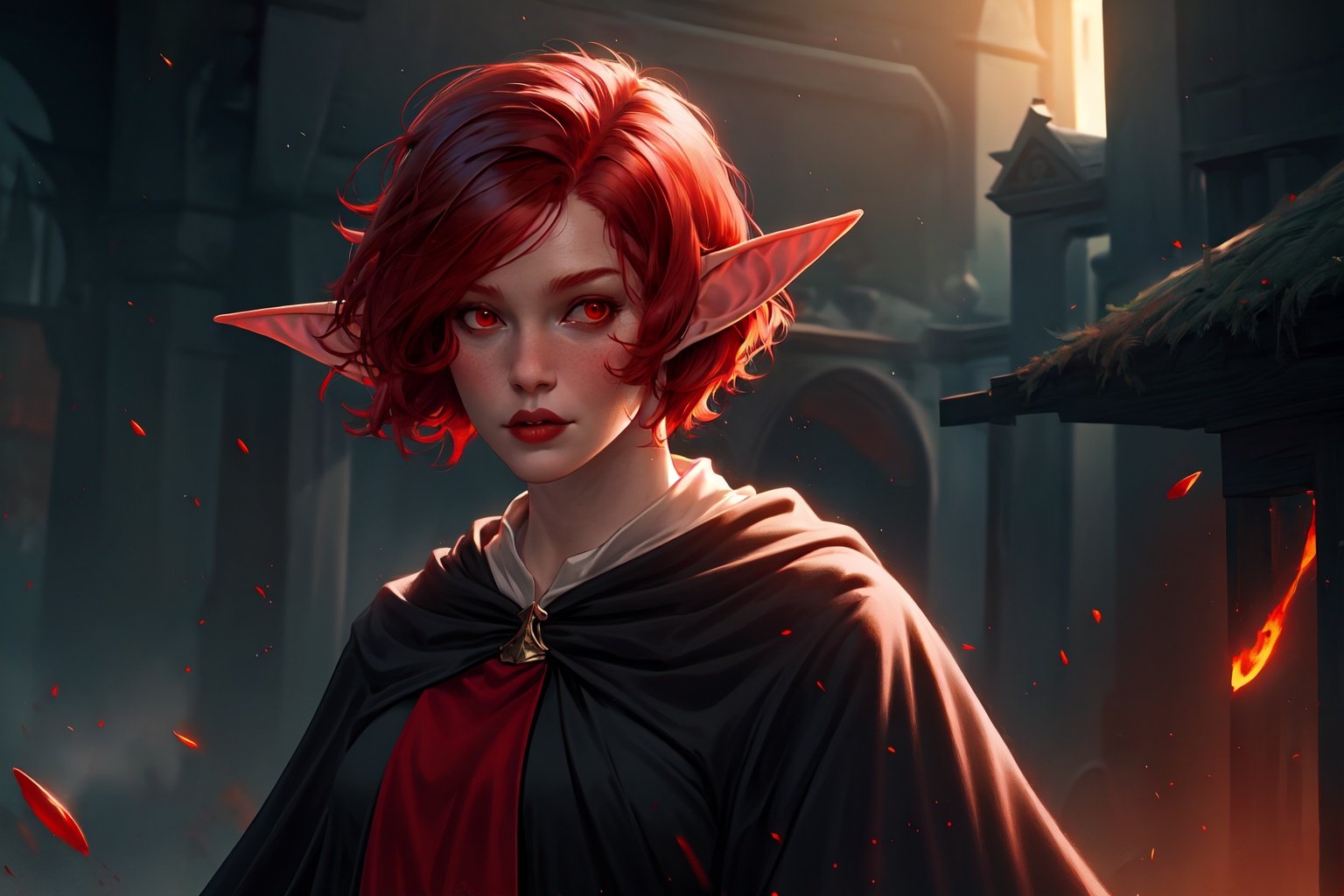 girl, short hair, elf ears, red hair, red eyes, witch cloth, particles, realistic