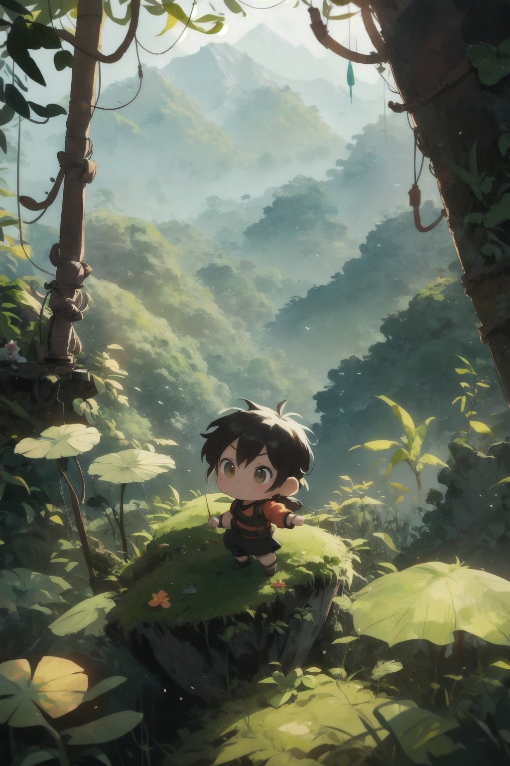 style of Jonny Duddle, a tiny chibi, vietnam, jungle, summer, mountain peak, dynamic pose, serious, focused, bokeh, depth of field, scenery, blurry background, light particles, strong wind, cosy background, warm color, Illustration, Character Design, Watercolor, Ink, oil, thematic background, ambient enviroment, epic