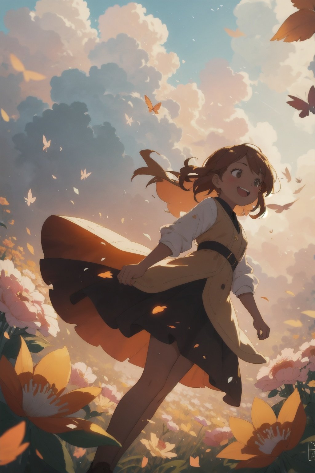 style of Greg Simkins, a girl, autumn, from below, sunny, flowers, fluttering petals, dynamic pose, happy, amazed, golden hour, cloudy, bokeh, depth of field, scenery, blurry background, light particles, strong wind, cosy background, dark hue, warm color, Illustration, Character Design, Watercolor, Ink, oil, thematic background, ambient enviroment, epic, Acrylic