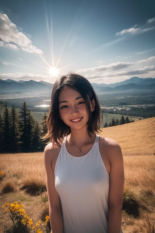 best quality, masterpiece,Dark hair, dark eyes, upper body, sun flare, outdoors, mountain, valley, sky. clouds, smiling,