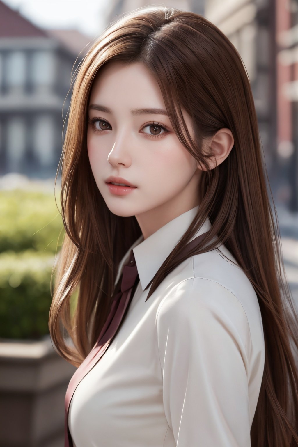 photorealistic, masterpiece, best quality, raw photo, 1girl, solo, long hair, brown hair, detailed face, alluring face, collared shirt, medium breasts, dynamic pose, looking at viewer, detailed background, fine detailed, intricate detail,  ray tracing, depth of field, low key, hdr